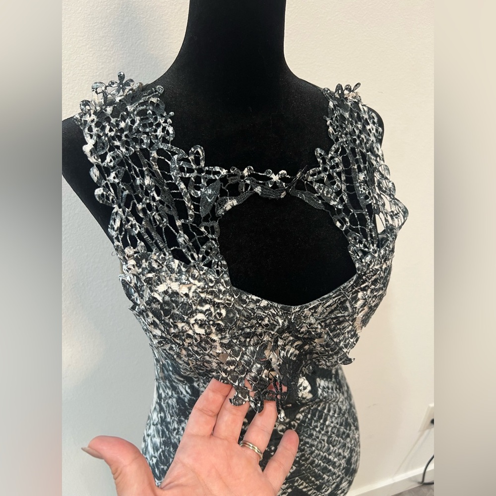 Brazilian Snake Print Bodycon Mini Dress Lace Cutout|Sheer Back| Size Small - Picture 3 of 7